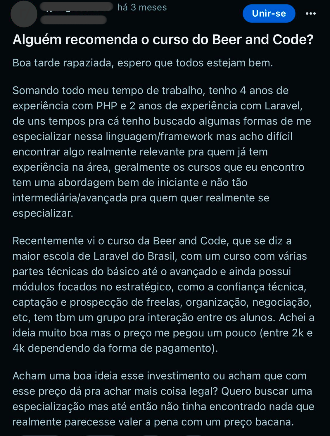 Depoimento de aluno enviado